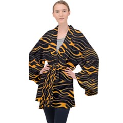 Waves Pattern Golden 3d Abstract Halftone Long Sleeve Velvet Kimono 