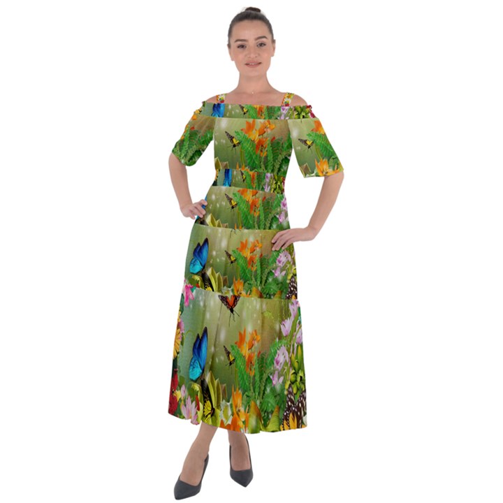 Floral Flowers Nature Plants Decorative Design Shoulder Straps Boho Maxi Dress 