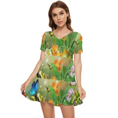 Floral Flowers Nature Plants Decorative Design Tiered Short Sleeve Babydoll Dress