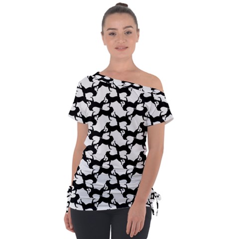 Playful Pups Black And White Pattern Off Shoulder Tie-up Tee by dflcprintsclothing