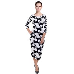 Playful Pups Black And White Pattern Quarter Sleeve Midi Velour Bodycon Dress by dflcprintsclothing