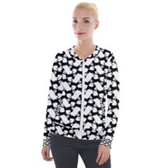 Playful Pups Black And White Pattern Velvet Zip Up Jacket by dflcprintsclothing