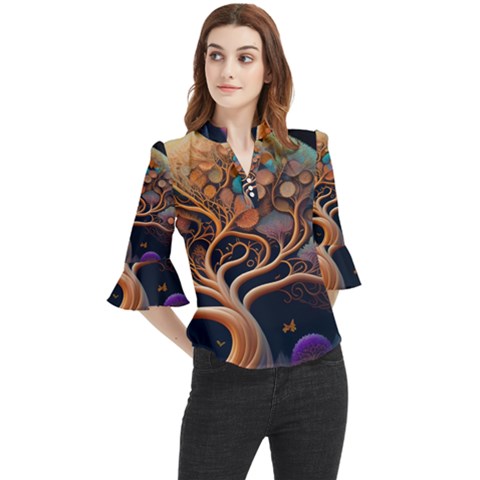 Trees Dream Art Intricate Patterns Digital Nature Loose Horn Sleeve Chiffon Blouse by Ravend