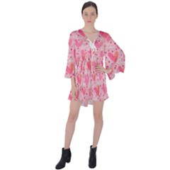 Valentine Romantic Love Watercolor Pink Pattern Texture V-neck Flare Sleeve Mini Dress by Ravend