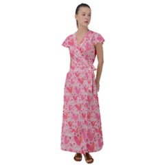 Valentine Romantic Love Watercolor Pink Pattern Texture Flutter Sleeve Maxi Dress