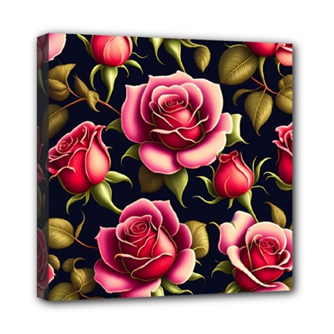 Roses Flowers Pattern Background Mini Canvas 8  X 8  (stretched)