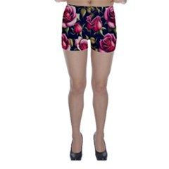 Roses Flowers Pattern Background Skinny Shorts