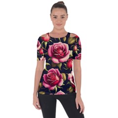 Roses Flowers Pattern Background Shoulder Cut Out Short Sleeve Top