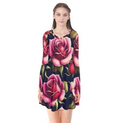 Roses Flowers Pattern Background Long Sleeve V-neck Flare Dress