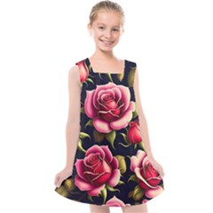 Roses Flowers Pattern Background Kids  Cross Back Dress by Ravend