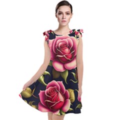 Roses Flowers Pattern Background Tie Up Tunic Dress