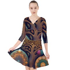 Trees Dream Generative Art Intricate Patterns Quarter Sleeve Front Wrap Dress by Ravend