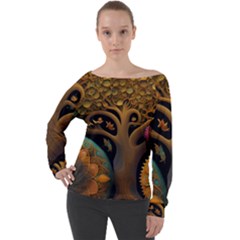 Trees Dream Generative Art Intricate Patterns Off Shoulder Long Sleeve Velour Top by Ravend