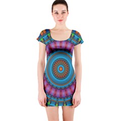 Mandela Kaleidoscope Squares Geometric Shapes Short Sleeve Bodycon Dress