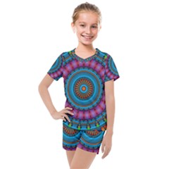 Mandela Kaleidoscope Squares Geometric Shapes Kids  Mesh Tee and Shorts Set