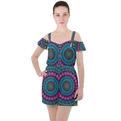 Mandela Kaleidoscope Squares Geometric Shapes Ruffle Cut Out Chiffon Playsuit by Ravend