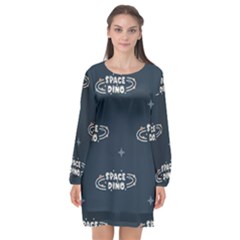 Space Dino Art Pattern Design Wallpaper Background Long Sleeve Chiffon Shift Dress 