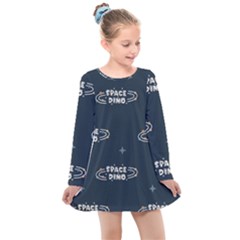 Space Dino Art Pattern Design Wallpaper Background Kids  Long Sleeve Dress by Ravend