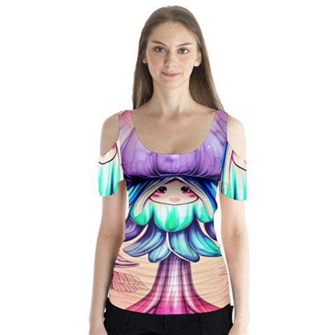 Psychedelic Mushroom For Sorcery And Theurgy Butterfly Sleeve Cutout Tee  by GardenOfOphir