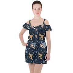 Space Theme Art Pattern Design Wallpaper Ruffle Cut Out Chiffon Playsuit