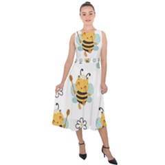 Art Bee Pattern Design Wallpaper Background Midi Tie-back Chiffon Dress