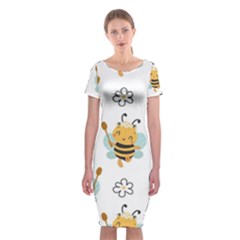 Art Bee Pattern Design Wallpaper Background Classic Short Sleeve Midi Dress