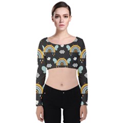 Art Pattern Design Floral Wallpaper Background Velvet Long Sleeve Crop Top