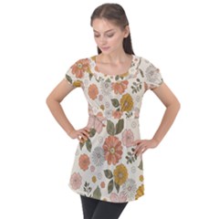 Flower Petals Plants Floral Print Pattern Design Puff Sleeve Tunic Top by Ravend