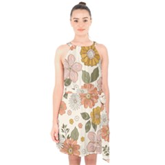 Flower Petals Plants Floral Print Pattern Design Halter Collar Waist Tie Chiffon Dress