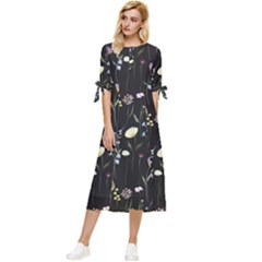 Flowers Floral Pattern Floral Print Background Bow Sleeve Chiffon Midi Dress