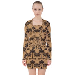 Ai Generated Camels Palm Trees Pattern V-neck Bodycon Long Sleeve Dress by Ravend