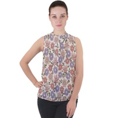 Flowers Petals Plants Floral Print Pattern Design Mock Neck Chiffon Sleeveless Top