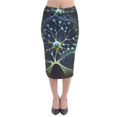 Ai Generated Neuron Network Connection Velvet Midi Pencil Skirt