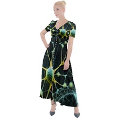 Ai Generated Neuron Network Connection Button Up Short Sleeve Maxi Dress
