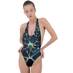 Ai Generated Neuron Network Connection Backless Halter One Piece Swimsuit