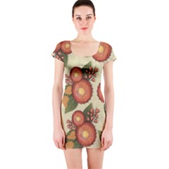 Flowers Leaves Pattern Flora Botany Drawing Art Short Sleeve Bodycon Dress by Ravend
