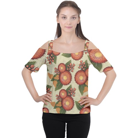 Flowers Leaves Pattern Flora Botany Drawing Art Cutout Shoulder Tee by Ravend