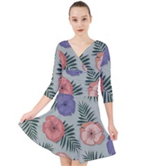 Flowers Petals Pattern Drawing Design Background Quarter Sleeve Front Wrap Dress