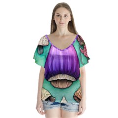 Veil Presto Psilocybin Superstition Agaric Trick Button Mushroom Sciopticon Diablerie Voodoo Fairy V-neck Flutter Sleeve Top by GardenOfOphir