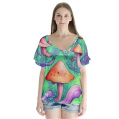 Natural Mushroom Illustration Design V-neck Flutter Sleeve Top