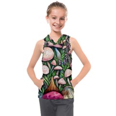 Flowery Garden Nature Woodsy Mushroom Kids  Sleeveless Hoodie by GardenOfOphir