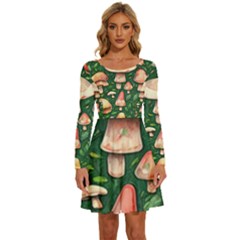 Fantasy Farmcore Farm Mushroom Long Sleeve Wide Neck Velvet Dress