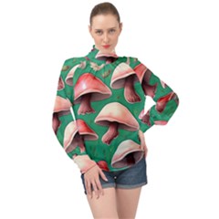 Forest Mushrooms High Neck Long Sleeve Chiffon Top by GardenOfOphir