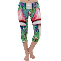 Vintage Forest Mushrooms Capri Yoga Leggings