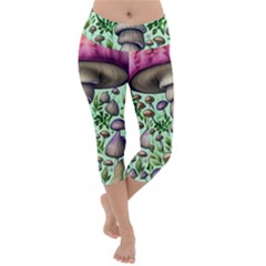 Forest Mushrooms Lightweight Velour Capri Yoga Leggings by GardenOfOphir