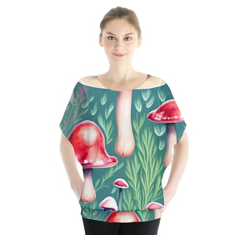 Forest Mushroom Fairy Garden Batwing Chiffon Blouse by GardenOfOphir