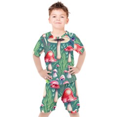 Forest Mushroom Fairy Garden Kids  Tee And Shorts Set by GardenOfOphir