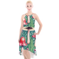 Forest Mushroom Fairy Garden High-low Halter Chiffon Dress  by GardenOfOphir