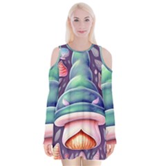 Mushroom Core Velvet Long Sleeve Shoulder Cutout Dress