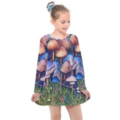 Retro Mushroom Kids  Long Sleeve Dress by GardenOfOphir